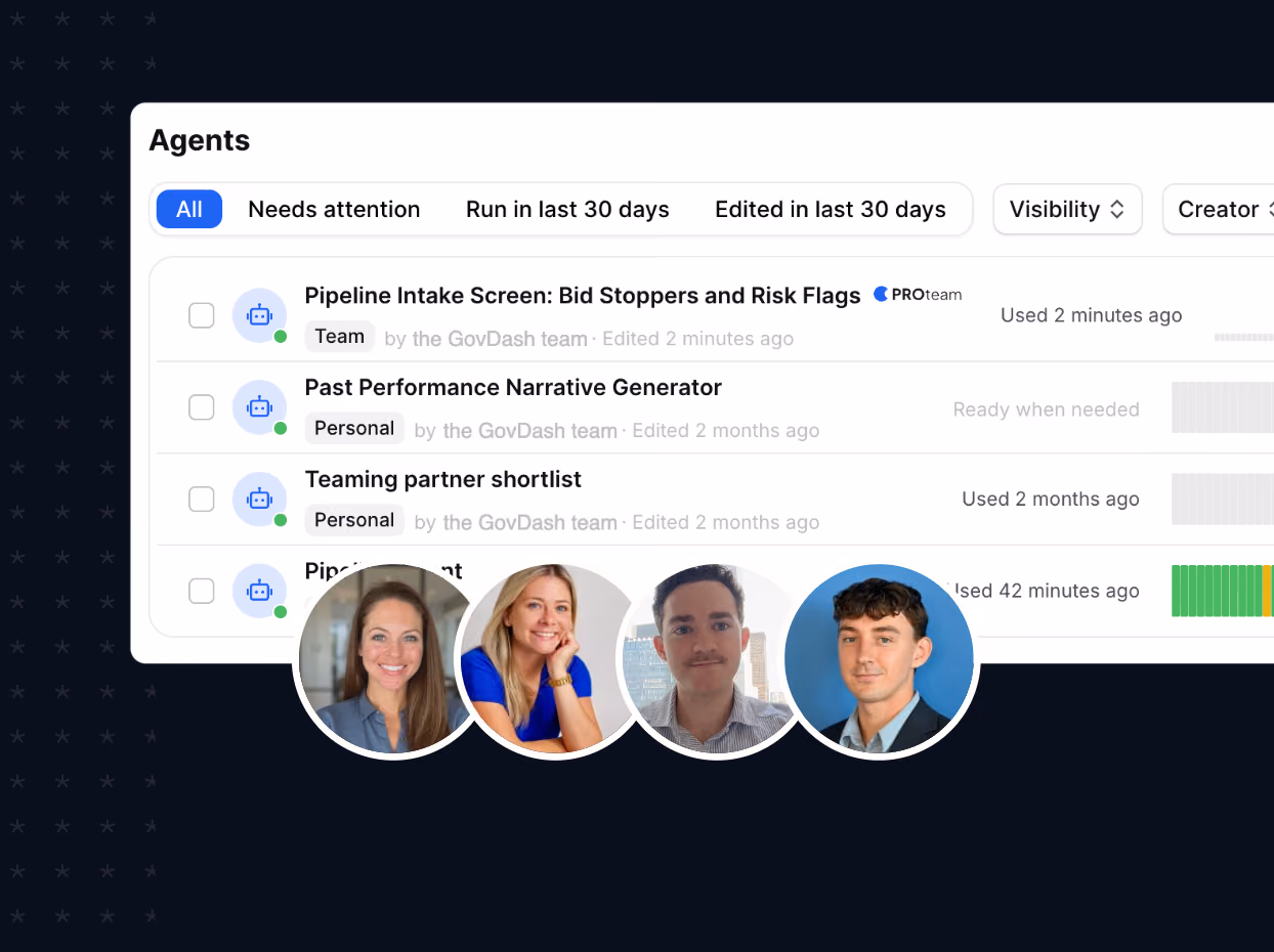 The GovDash Agents list, with the team members who build and run those agents.